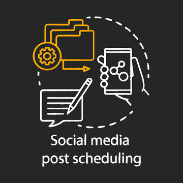 Social media post scheduling chalk concept icon. Social management platform idea. Digital marketing automation tool. Blogging, mass mailing. Vector isolated chalkboard illustration