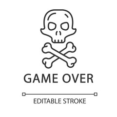 Game over linear icon. Virtual video game level end, finish, failure. Skull with crossbones. Computer game fail, loser. Thin line illustration. Contour vector isolated outline drawing. Editable stroke