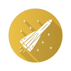Rocket flat design long shadow glyph icon. Missile, spacecraft, aircraft. Launch vehicle for artificial satellites. Human spaceflight. Interplanetary travel. Vector silhouette illustration