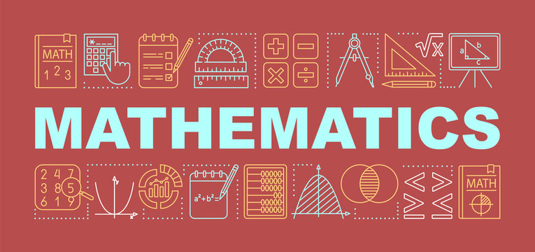 Mathematics word concepts banner. Presentation, website. Isolated lettering typography idea with linear icons. Algebra, geometry, statistics, basic maths. Vector outline illustration