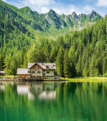 Fototapeta na wymiar Idyllic landscape at Lake Nambino, near Madonna di Campiglio. Province of Trento, Trentino Alto Adige, northern Italy.