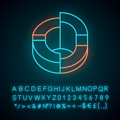 Three-dimensional diagram neon light icon. 3-space ring. Symbolic representation of info. Statistics data visualization. Glowing sign with alphabet, numbers and symbols. Vector isolated illustration
