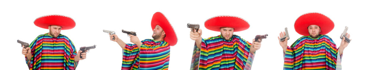 Funny mexican holding pistol isolated on white