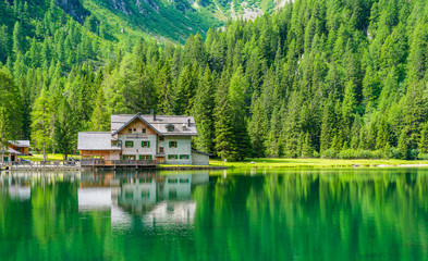 Fototapeta na wymiar Idyllic landscape at Lake Nambino, near Madonna di Campiglio. Province of Trento, Trentino Alto Adige, northern Italy.