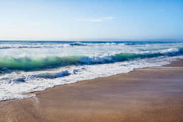Idyllic Tropical Sand Beach, Blue Waves Breaking On The Shore.