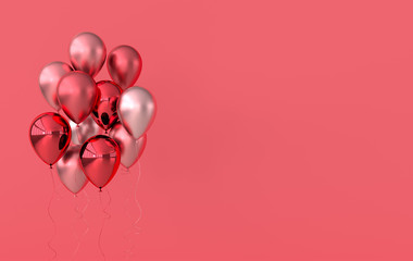Illustration of glossy pink, red and rose golden balloons on pastel colored background. Empty space for birthday, party, promotion social media banners, posters. 3d render realistic balloons