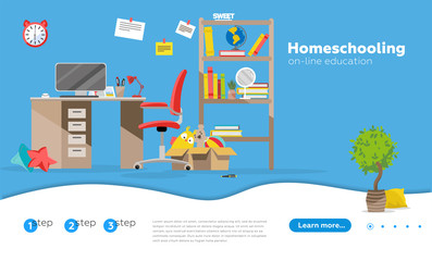 Home schooling, home education plan, homeschooling online tutor concept. Website homepage landing web page template. child's desk in the children's room flat illustration