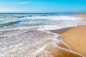 Idyllic Tropical Sand Beach, Blue Waves Breaking On The Shore.