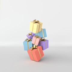 3d rendering of realistic colorful gift box with golden ribbon bow on white studio background. Empty space for party, promotion social media banners, posters.