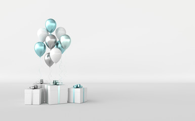 3d render illustration of realistic glossy green, white and silver balloons and gift box with ribbon bow on white background. Empty space for birthday, party, promotion social media banners, posters.