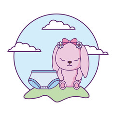 cute little bunny baby with diaper in landscape
