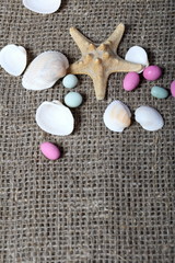 Starfish, shells and colored pebbles. They lie on a rough linen fabric.