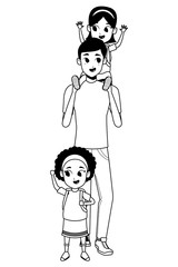 Family single father with children in black and white