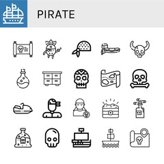 Set of pirate icons such as Galleon, Treasure map, Pirate, Bandana, Motorboat, Skull, Poison, Chest, Treasure, Caravel , pirate