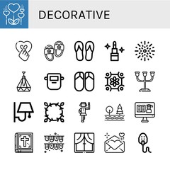 Set of decorative icons such as Heart, Slippers, Flip flops, Lipstick, Fireworks, Ceiling lamp, Mask, Flips flops, Floral design, Candle holder, Wall lamp, Polka , decorative