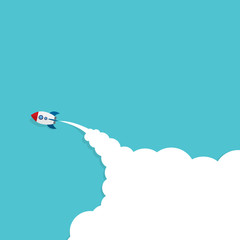 Naklejka na ściany i meble Rocket flying on blue sky and cloud. Business success and leadership creative concept idea.Vector illustration