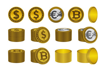 Dollar euro bitcoin gold coin icons