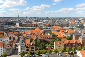 Naklejka na ściany i meble Aerial view on the city from the spiral tower Church of Our Saviour, Copenhagen, Denmark