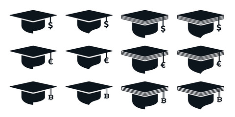 Graduation cap icons with currency and book symbols