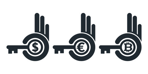 Abstract hands holding keys with currencies
