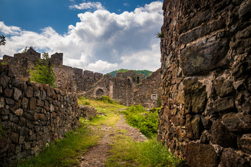 Interior of ruins of medieval fortress Maglic on top of hill by the Ibar river in Serbia. Valley of this river is also called Lilac valley.