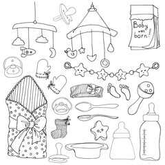 Set of things and toys for babies. Sketch. Vector