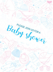 Poster invitation Baby shower with a pattern of things for babies. Sketch. Vector