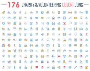 Fototapeta Charity and volunteering color icons big set. Fundraising, philanthropy, humanitarian help, human care. Social responsibility, charitable organization, social welfare. Isolated vector illustrations obraz
