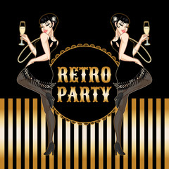Retro party card, young beautiful woman dressed in 1920s style holding champagne glass, flapper girl, twenties, vector illustration
