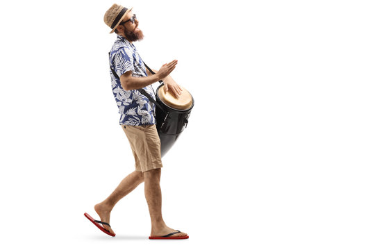 Man walking and playing conga drums - Powered by Adobe