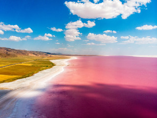 Aerial view of Lake Tuz, Tuz Golu. Salt Lake. Red, pink salt water. It is the second largest lake...