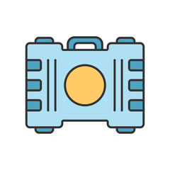 Game container, kit color icon. Construction tools, items storage. Player inventory. Saving objects plastic box with handle. Cybersport equipment. Isolated vector illustration
