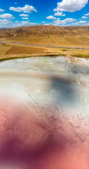 Aerial view of Lake Tuz, Tuz Golu. Salt Lake. Red, pink salt water. It is the second largest lake in Turkey and one of the largest hypersaline lakes in the world. It is located in the Central Anatolia