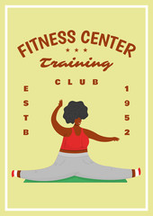 Fitness Woman Poster. Health sport in club. Cute Plus Size banner. Fat girl doing exercises, loses weight, warming up. Full body character on pastel background.
