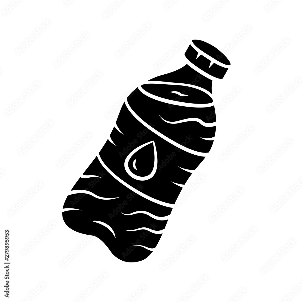 Sticker Mineral water glyph icon. Clean potable drinking water. Plastic bottle with label. Non-alcoholic refreshment drink. Sparkling beverage. Silhouette symbol. Negative space. Vector isolated illustration