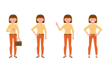 Naklejka premium Smiling, friendly, brown hair young office woman in orange pants vector illustration. Drinking coffee, shoving victory sign front view standing girl cartoon character set on white background