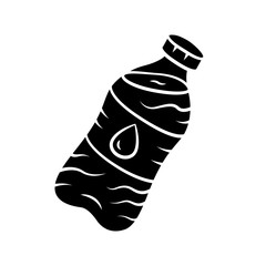 Mineral water glyph icon. Clean potable drinking water. Plastic bottle with label. Non-alcoholic refreshment drink. Sparkling beverage. Silhouette symbol. Negative space. Vector isolated illustration
