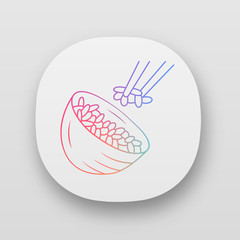 Rice app icon. Japanese food. Bowl with rice. Natural, organic food. Italian cuisine, risotto, sushi. UI/UX user interface. Web or mobile applications. Vector isolated illustrations