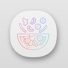 Salad bowl app icon. Fresh organic food. Vegan eating, vegetables. Healthy nutrition. Tomato, bell pepper, cucumber. UI/UX user interface. Web or mobile applications. Vector isolated illustrations