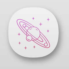 Solar system app icon. Celestial bodies orbiting star. Planetary system. Planet and three satellites. Astronomy. UI/UX user interface. Web or mobile applications. Vector isolated illustrations