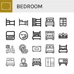 Set of bedroom icons such as Pillow, Bed, Bunk bed, Closet, Cover, Sleeping, Hotel de glace, Living room, Room service, Real estate, Furniture , bedroom
