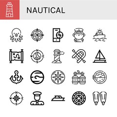 Set of nautical icons such as Lighthouse, Octopus, Compass, Captain, Yatch, Treasure map, Inflatable boat, Sailing boat, Anchor, Neptune, Oxygen, Boat porthole, Yacht , nautical