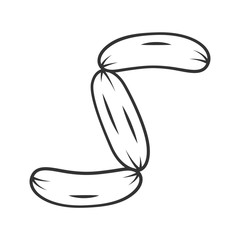 Sausages linear icon. Butchers meat. Semifinished. Meat production and sale. Half stuff for lunch and barbecue. Thin line illustration. Contour symbol. Vector isolated outline drawing. Editable stroke