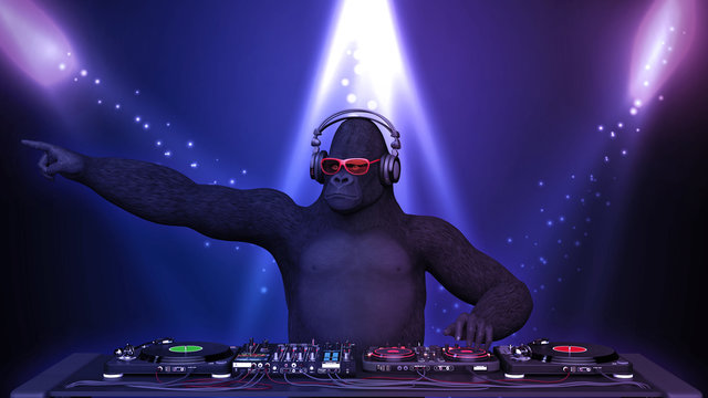 DJ gorilla, disc jockey monkey pointing and playing music on turntables, ape on stage with deejay audio equipment, 3D rendering