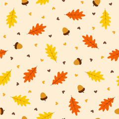 Obraz premium Autumn seamless pattern with leaf on orange background, vector illustration