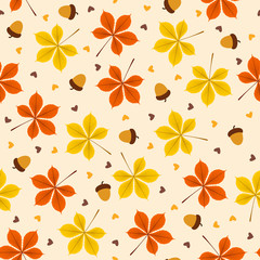 Autumn seamless pattern with leaf on orange background, vector illustration