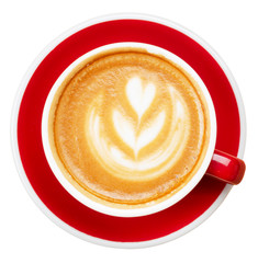 Cappuccino in red cup isolated on white top view