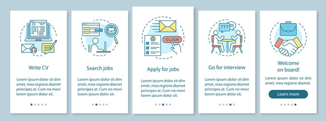 Job searching onboarding mobile app page screen vector template. Write CV, apply job, interview, getting work graphic instructions. Website steps with linear icons. UX, UI, GUI smartphone interface