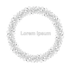 Round border of papaver aquilegia lila fruits, Lorem Ipsum monochrome graphic hand drawn design element stock vector illustration for web, for print, for coloring page