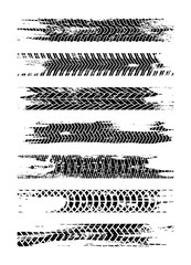Obraz premium Black tire track silhouette set. Grunge tire track isolated on white background. Tire track with ink blots. Tire track road splatter wallpaper.